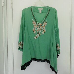 British India embroidered beaded tunic top jade green size 7